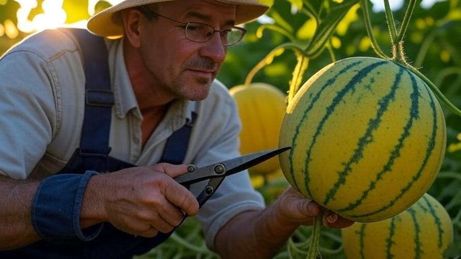 "Farmer harvesting a ripe seedless yellow watermelon with shears in a garden.
