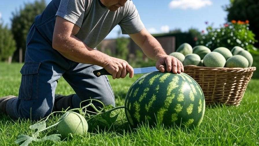Gardener harvesting a large watermelon with a knife and a basket of fresh melons