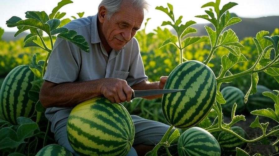 Gardener harvesting ripe Italian watermelons with a yellow belly in a sunny field