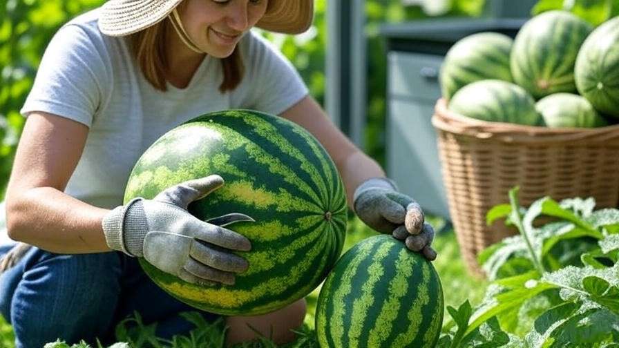 "Gardener harvesting ripe seedless watermelon with shears in a garden." 