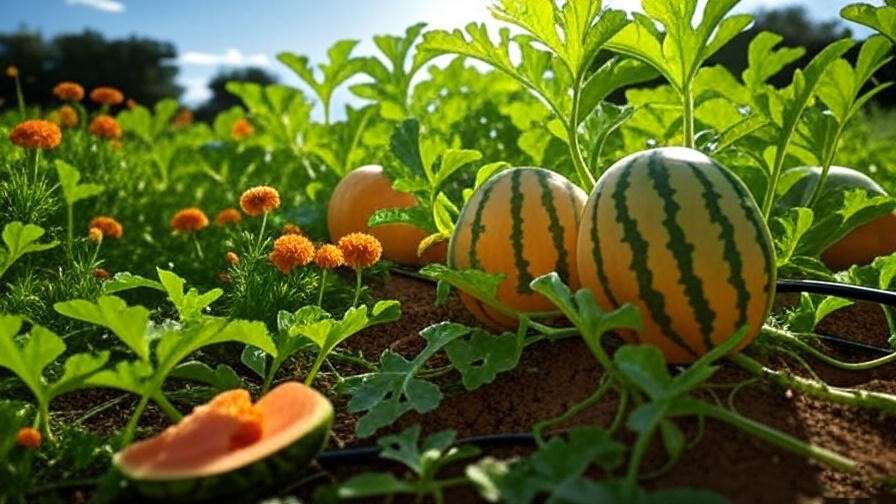 Sustainable garden with orange watermelon and marigolds under drip irrigation