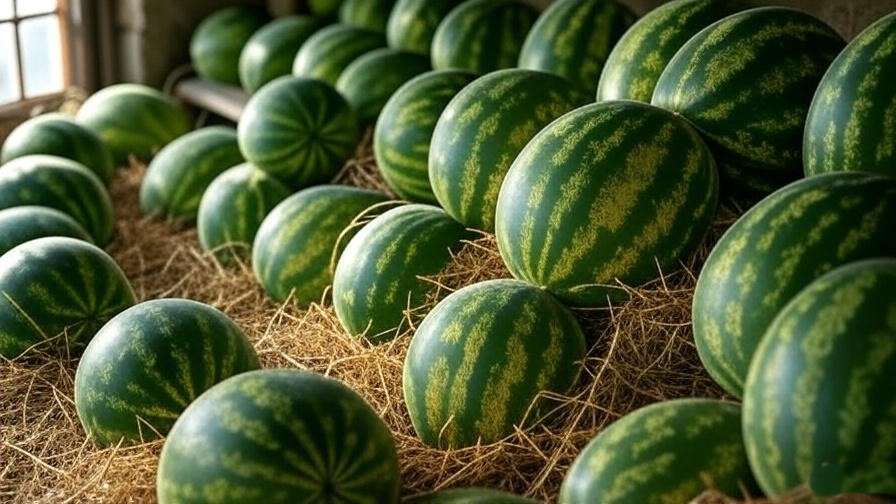 Fresh Italian watermelons stored on a wooden shelf in a cool basement." 