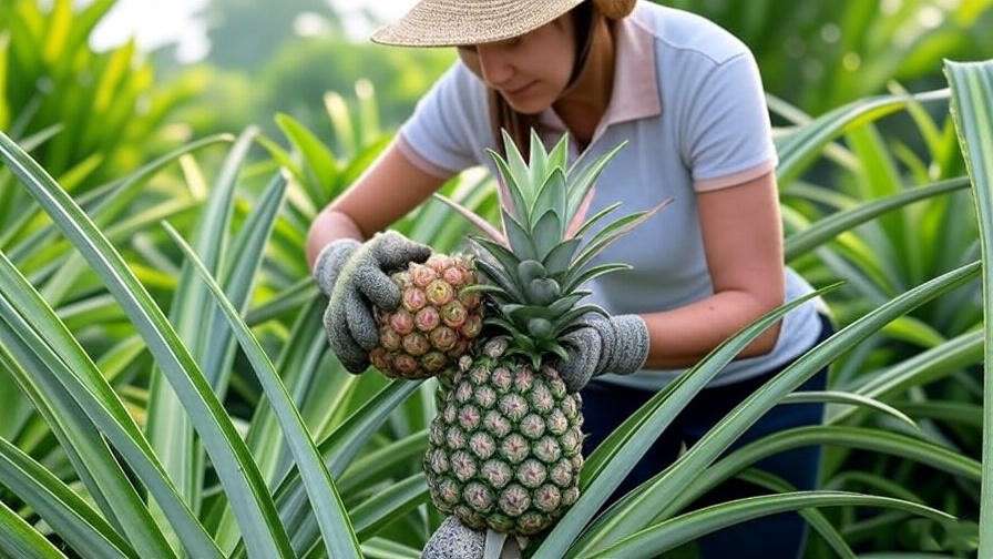 "Harvesting decorative pineapple from watermelon pineapple plant."