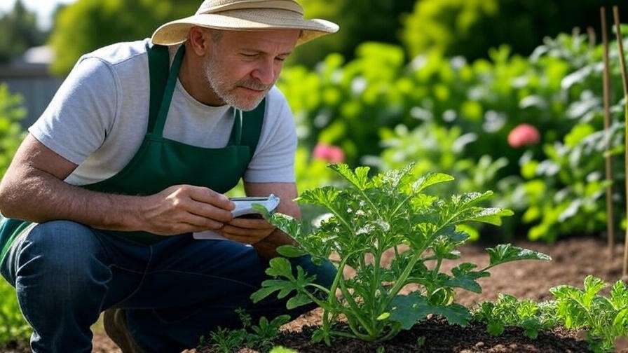 Gardener troubleshooting a watermelon plant with a soil test kit and irrigation in a sunny garden
