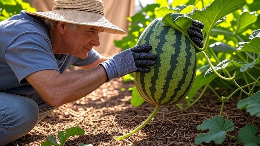  "Gardener inspecting a cracked Italian watermelon on a vine with mulch." 