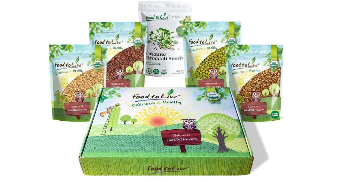 
Food to Live Organic Sprouting Seeds in a Gift Box - A Variety Pack of Broccoli, Alfalfa, Radish, Mung Beans, Clover Seeds