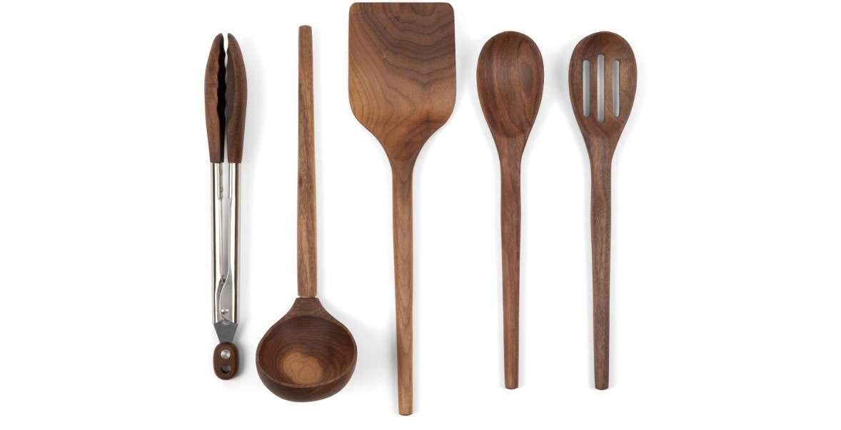  Salt & York 5-piece Walnut Wooden Kitchen Utensil Set - Includes Turner, Tongs, Slotted Spoon, Ladle, and 12" Spoon - Best Wooden Spoons for Cooking