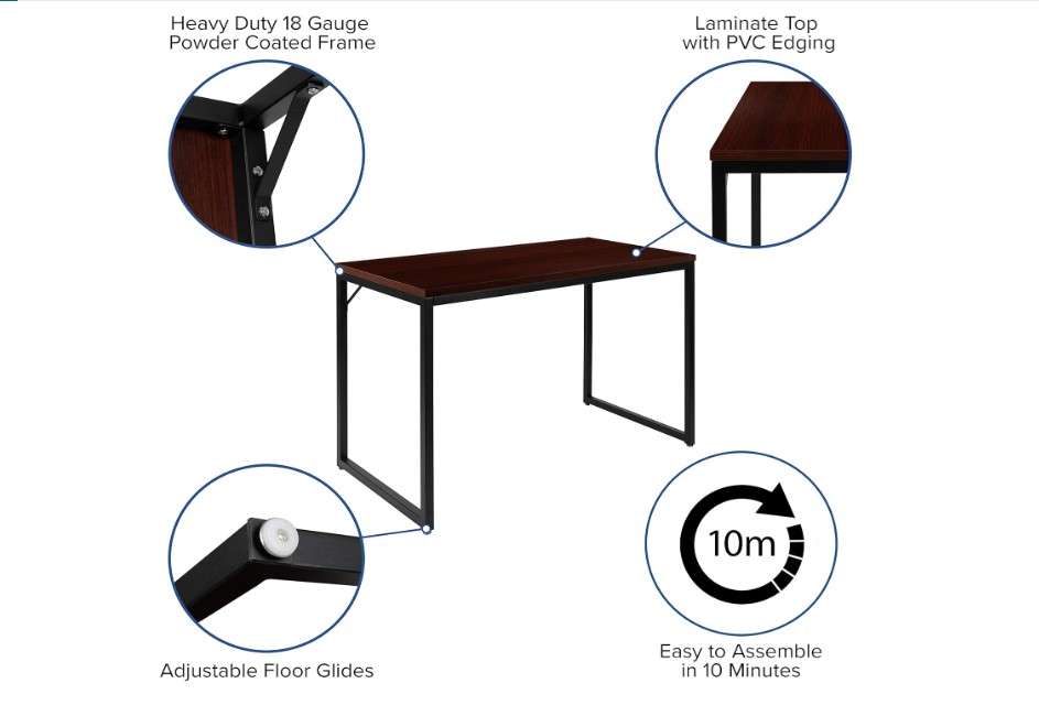  Merrick Lane Berlin Computer Desk - Red Mahogany Wood Grain Finish - Open Black Metal Frame - 47 Inch - Engineered Wood 