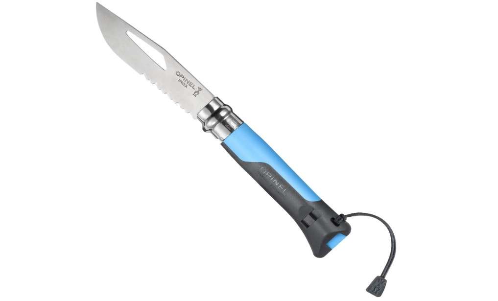  Opinel No. 08 Outdoor Folding Knife + Multitool - Partially Serrated Stainless Steel Blade, Nonslip Handle, Survival Whistle, Shackle Key