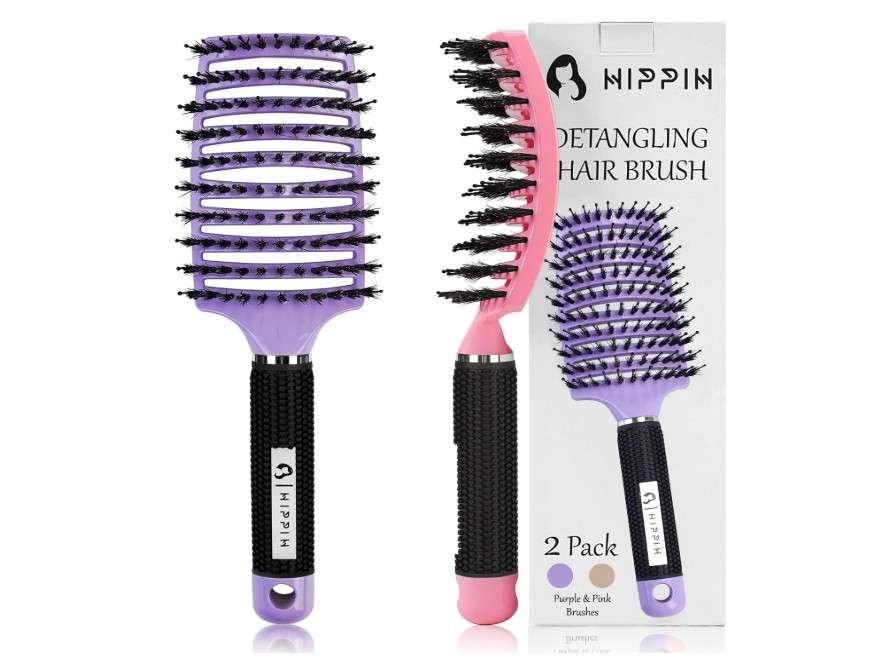 
HIPPIH Boar Bristle Hair Brushes: Detangling and Venting for Curly, Smooth, and Shiny Hair - 2PCS Professional Hairbrush Set for Men, Women, and Kids