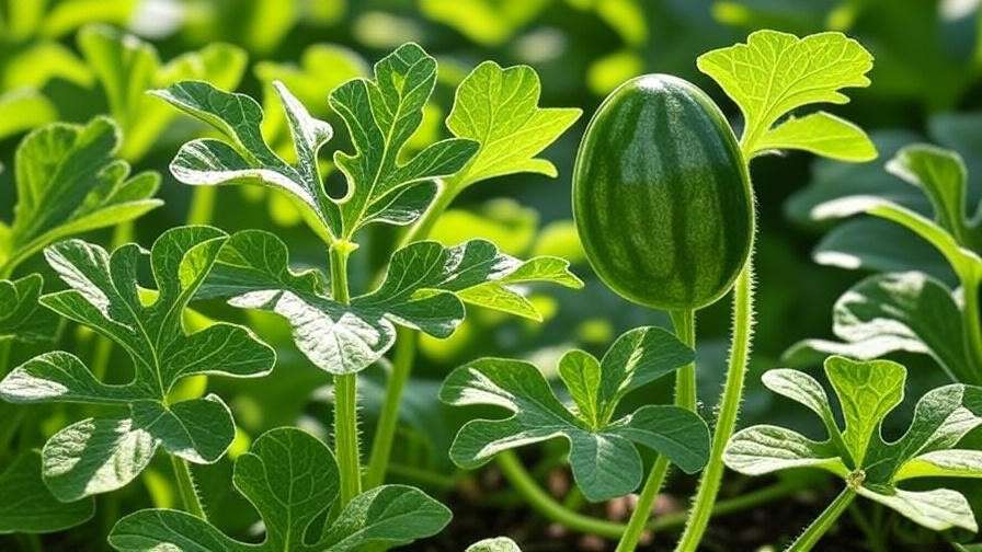 "Close-up of a GMO watermelon plant with seedless fruit and green leaves in a sunlit garden."