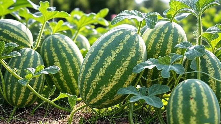  "Close-up of oval watermelon varieties on vines with green leaves in a sunny garden.