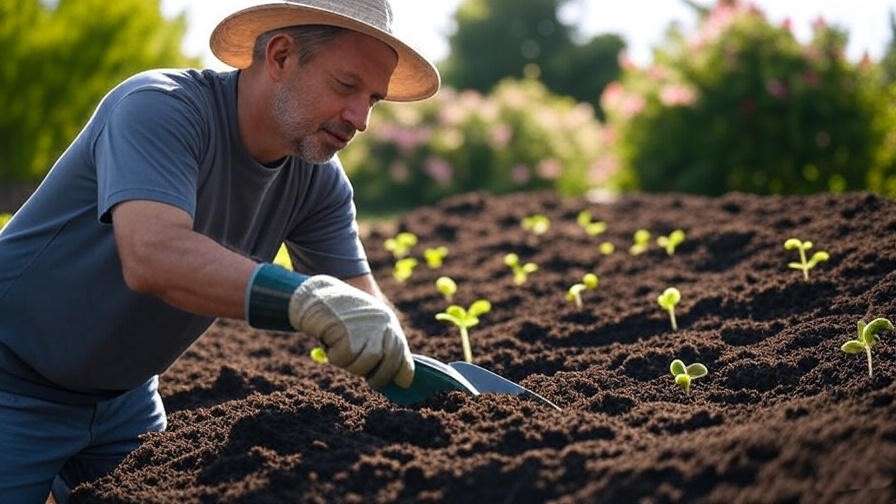 "Gardener preparing soil with compost and trowel for oval watermelon seedlings in a sunny garden." 