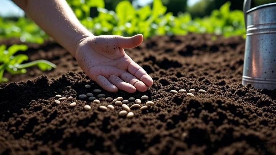  "Hand sowing oval watermelon seeds into soil hills with watering can in a sunny garden." 