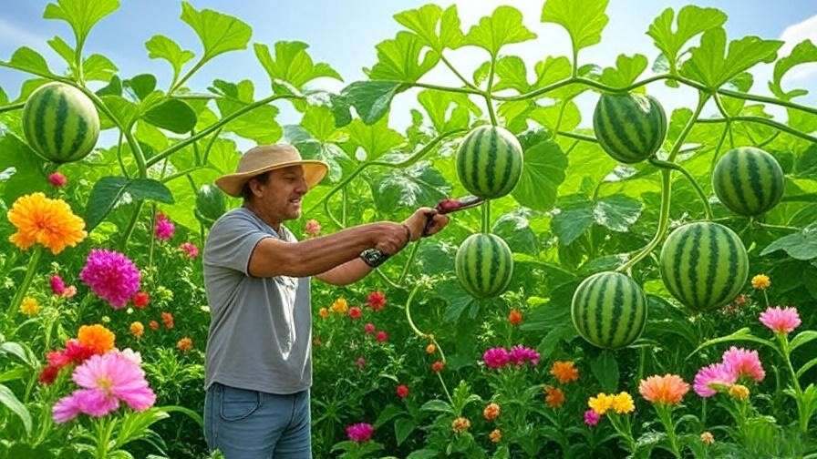 "Gardener pruning trellised GMO watermelon vine with ripe fruit in a sunny garden.