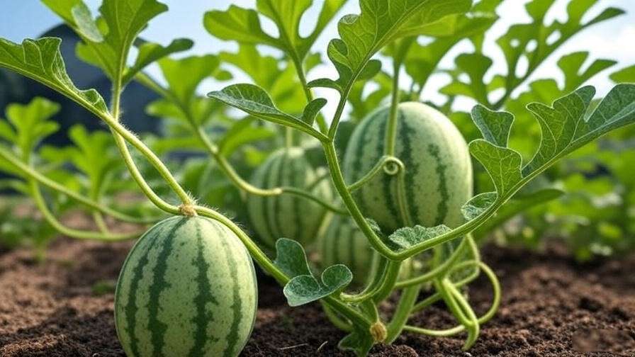 "Trellised oval watermelon plant with fruits in slings and green leaves in a small garden." 