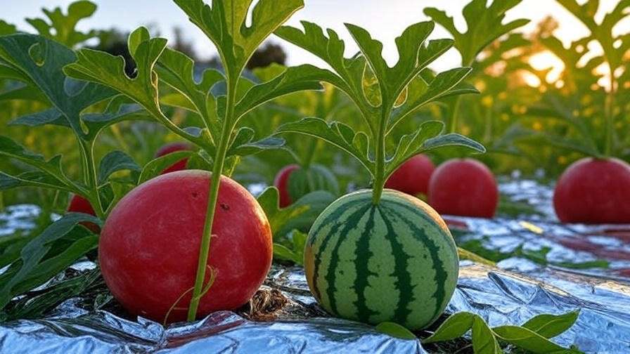 GMO watermelon garden with reflective mulch, grafted plant, and soil moisture sensor under golden light