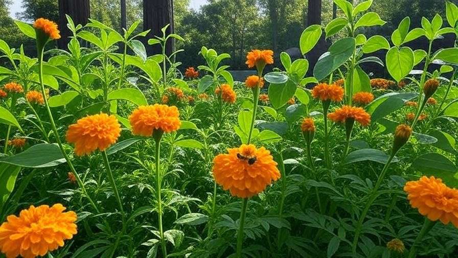  "Marigold flowers and oval watermelon vines with bees for natural pest control in a garden." 