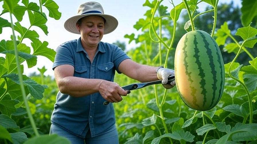  "Gardener harvesting ripe oval watermelon with shears in a thriving garden." 