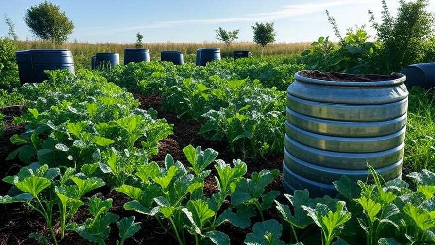 "Sustainable garden with rainwater barrel, mulched oval watermelon plants, and compost bins." 
