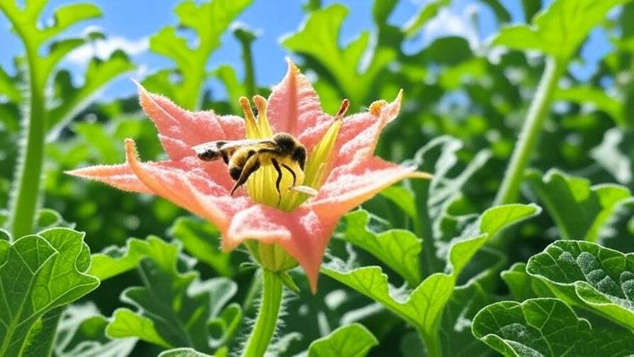 "Bees pollinating watermelon flowers in lush gardens, promoting healthy fruit growth." 