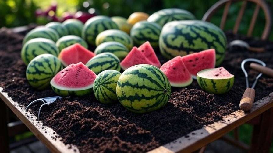Variety of giant watermelon seeds and fruits like Carolina Cross and Black Diamond in a sunny garden."
