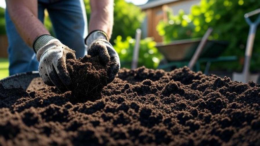 "Gardener mixing compost into soil for growing giant watermelons in a sunny backyard." 