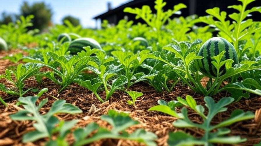 "Drip irrigation and mulch watering watermelon plants in a sunny garden." 