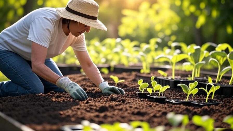 Gardener planting giant watermelon seeds in a sunny garden bed with seedlings sprouting." 