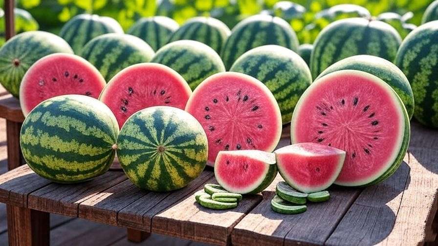 Different watermelon varieties on a table with garden vines in the background."