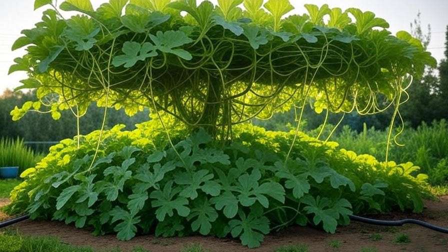 Giant watermelon plant with trellis support and drip irrigation in a sunny garden.