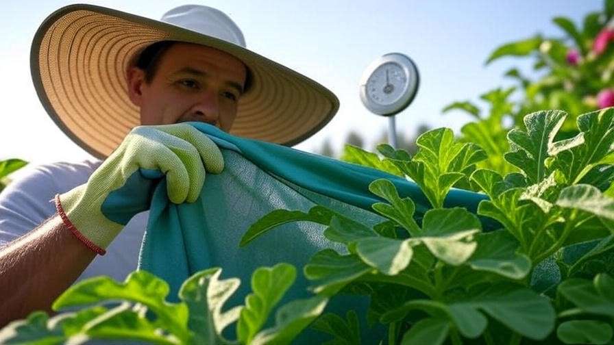 "Gardener using shade cloth to protect watermelon plants from heatwave."
