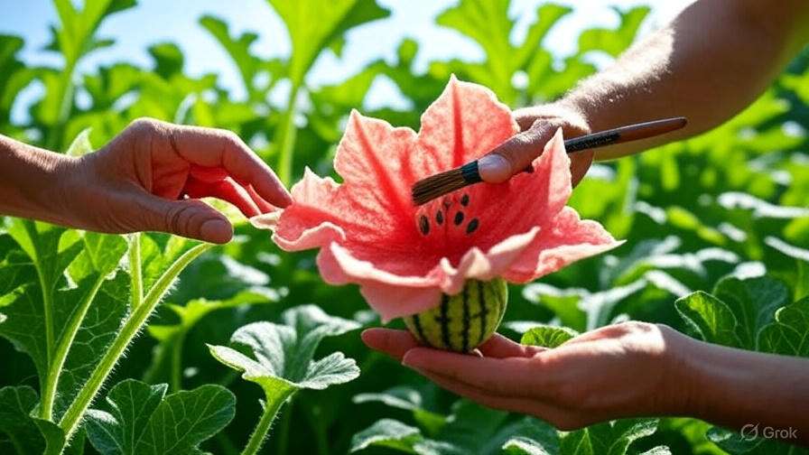 "Gardener hand-pollinating giant watermelon flowers in a sunny garden
