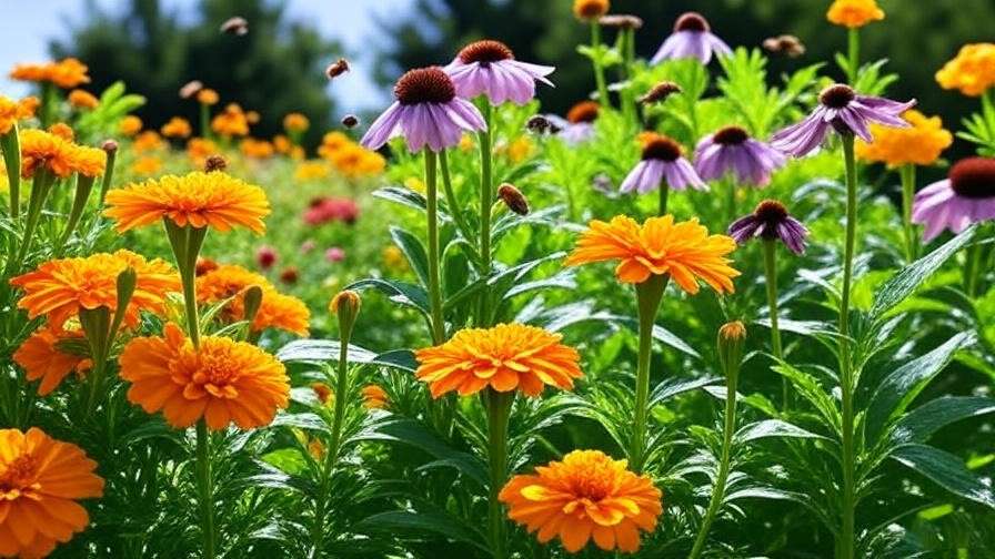  "Pollinator garden with flowers and bees near watermelon plants." 