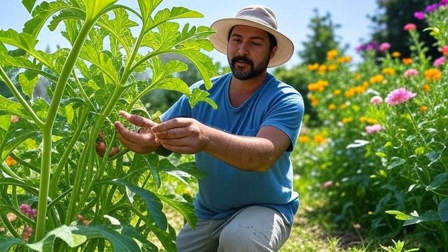  "Gardener using organic pest control on giant watermelon plant in a sunny garden."