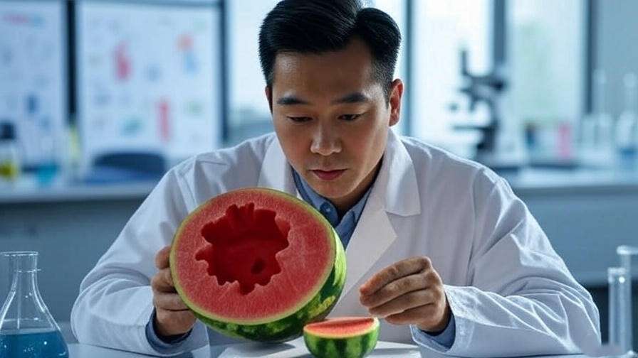 "Scientist studying hollow watermelon in a lab with research equipment." 