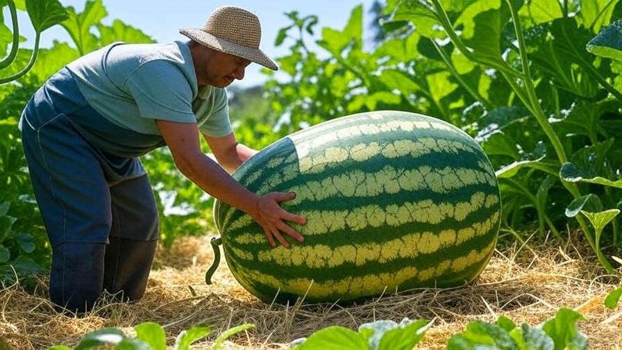 Gardener harvesting a giant watermelon with yellowing underside in a sunny garden