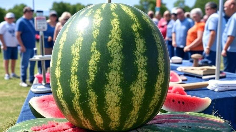 "Giant watermelon on display at a sunny local competition with weigh scale." 