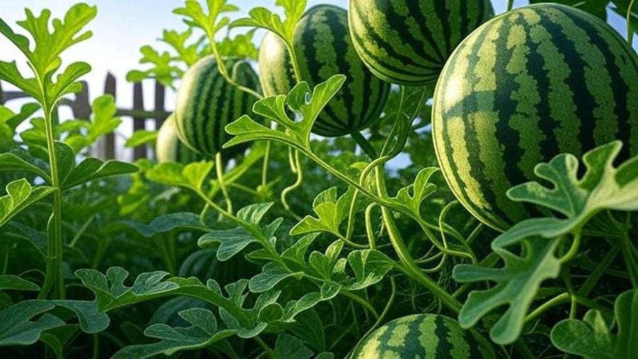 Variety of watermelon plants growing in a lush garden with ripe fruits on vines