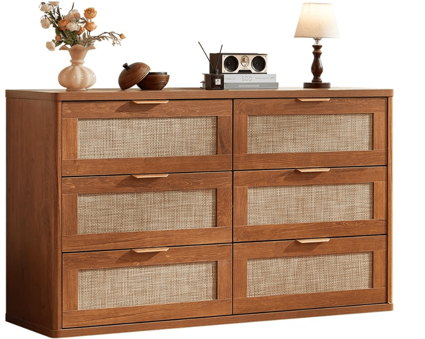 LEYAOYAO Rattan 6 Drawer Dresser for Bedroom, Boho 48" Wide Wooden Dark Dresser Chest of Drawers, Dressers TV Stand with Metal Handle,