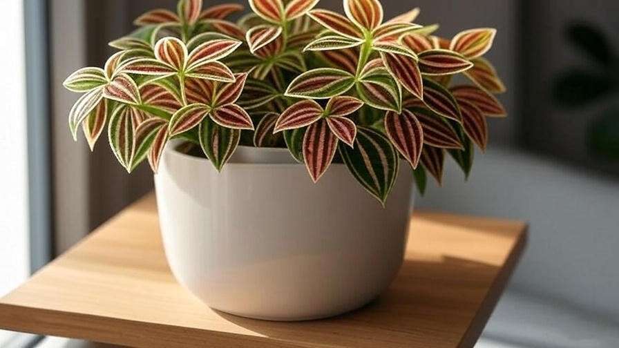 Vibrant Watermelon Moon Peperomia in bright indirect light near a window in a white pot. 