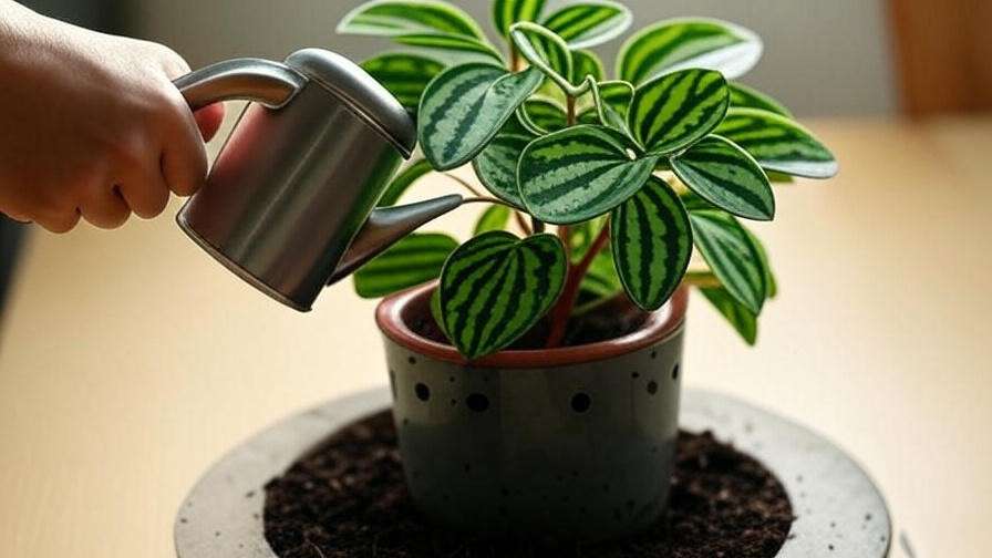  Hand watering a Watermelon Moon Peperomia plant with a watering can in a well-draining pot. 