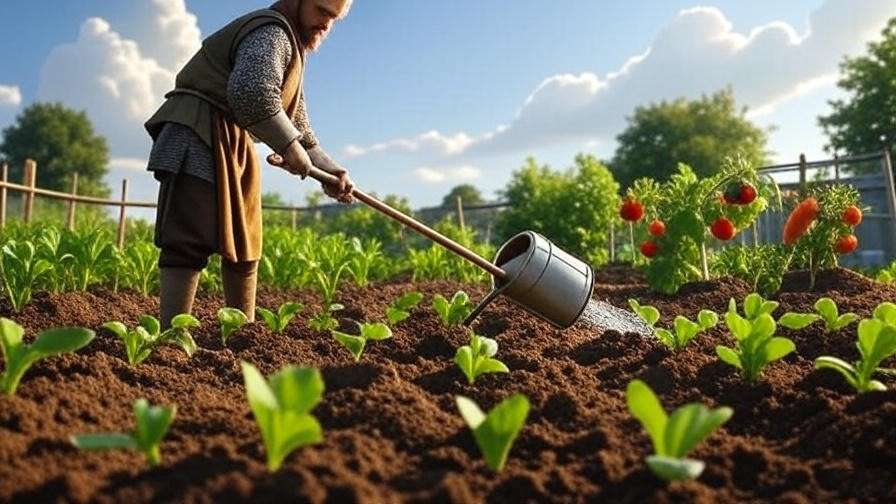 "OSRS player preparing an allotment patch with rake and watering can for watermelon farming" 