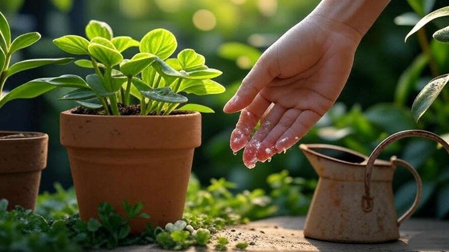  Hand applying diluted fertilizer to a Watermelon Moon Peperomia plant in a modern pot. 