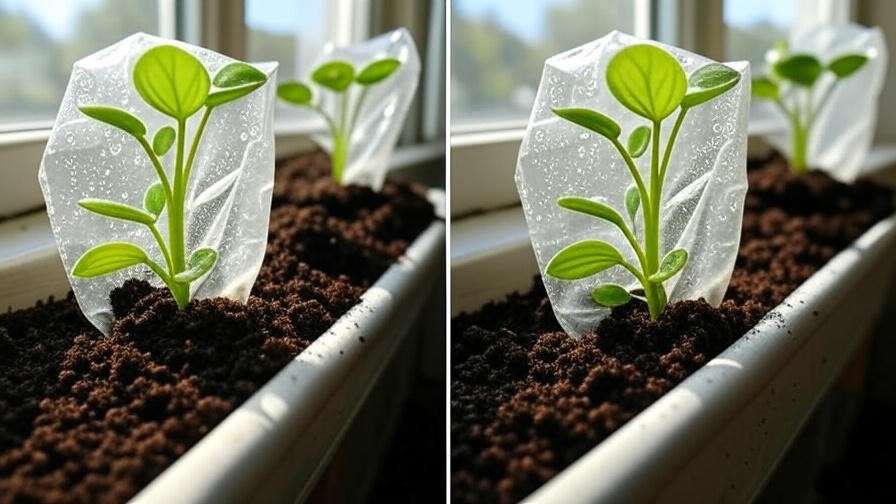 Watermelon Moon Peperomia leaf cutting propagating in moist soil under a plastic bag. 