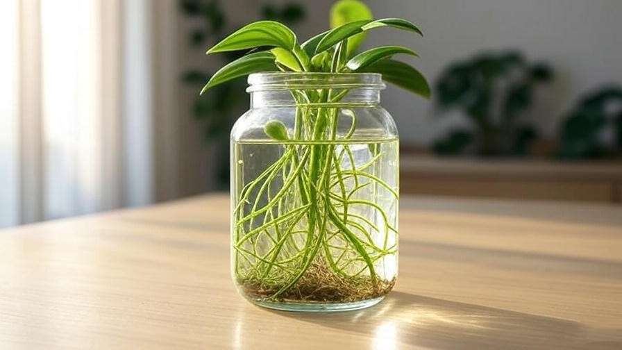  Watermelon Moon Peperomia stem cutting rooting in a glass jar near a window. 