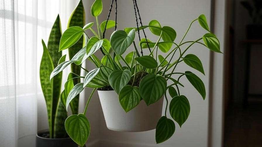 Stylish display of Watermelon Moon Peperomia in a hanging planter with other plants.
