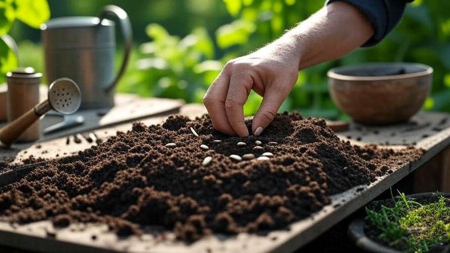 Gardener planting watermelon seeds into prepared soil mound with compost and tools