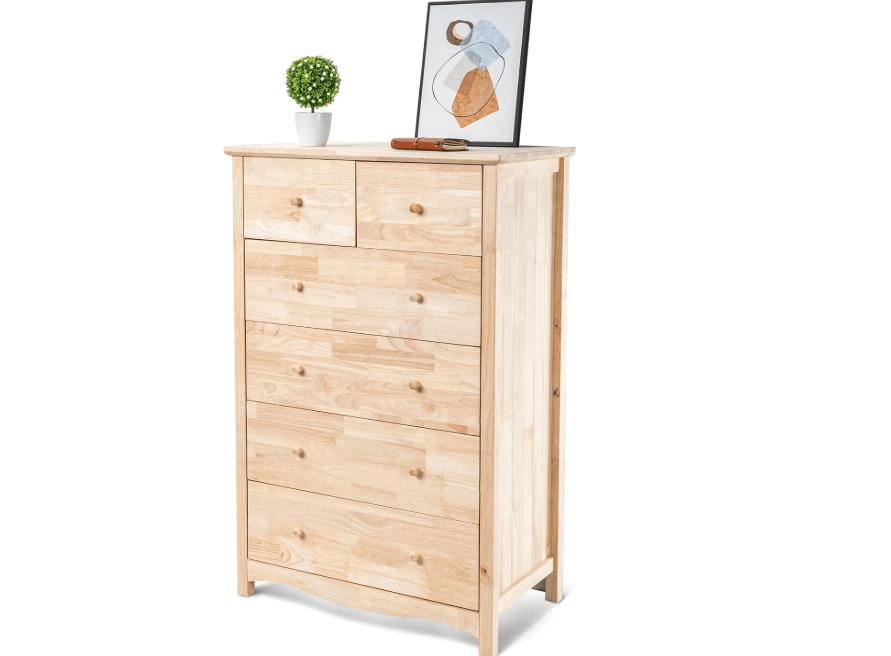 VINGLI Unfinished Natural Solid Wood 6 Drawer Dresser for Bedroom, Farmhouse Dressers & Chests of Drawers Color DIY Rubber Wood Tall Dresser 
