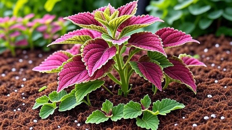 "Coleus Watermelon plant growing in a well-draining soil mix with peat moss and perlite in a garden setting." 
